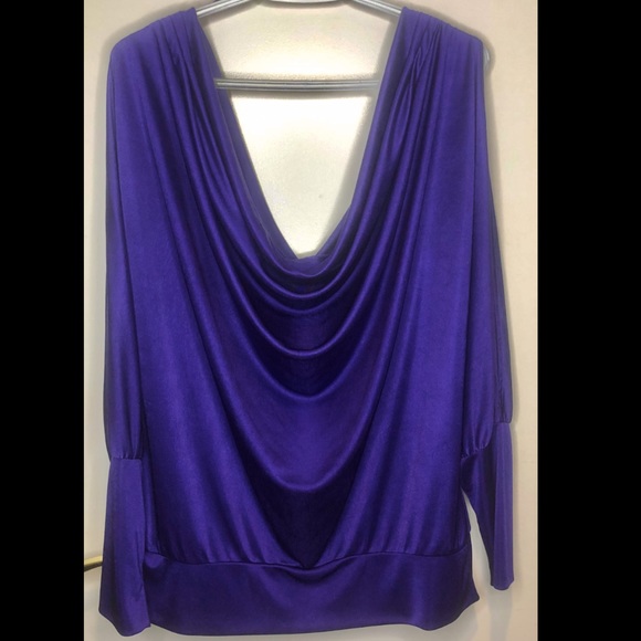 BCBG Cowl Neck, Open Shoulder, Purple Sateen Shirt